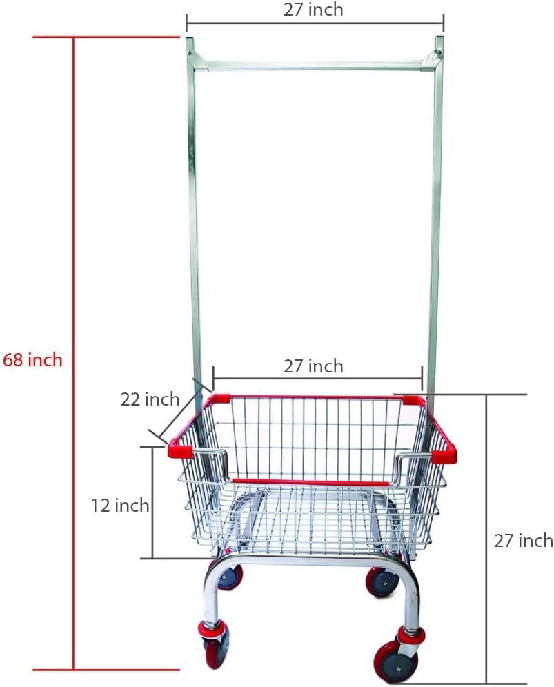 Laundry Cart Chrome Coated with Double Pole Rack, 2.5-Bu (Red or Blue Trim) (...