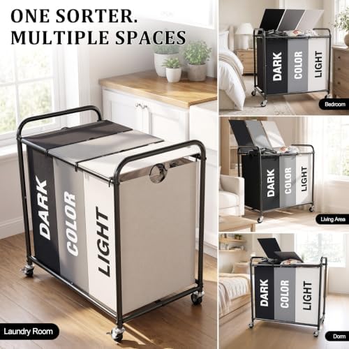 YKDIRECT 180L Laundry Hamper with Wheels and Lid, 3 Section Laundry Sorter