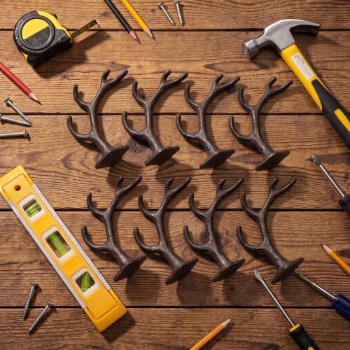 Chumia 8 Pcs Rustic Cast Iron Wall Hooks Deer Antler Coat Hooks, Brown