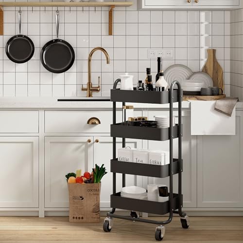 4-Tier Metal Rolling Cart with Wheels,4 Tier Utility Cart with Wheels for Off...