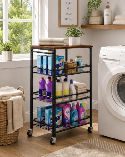 Pipishell Laundry Storage Cart with Wheels, Handle & Wood Top, Metal 4 Tier