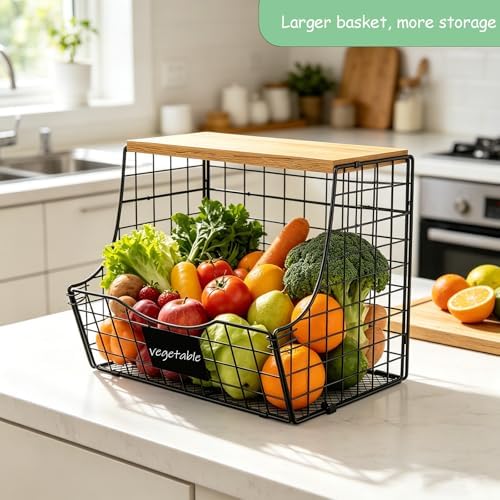 3 Pack wire Fruit Basket for Kitchen with Wood Lid - Counter&Wall Mounted...