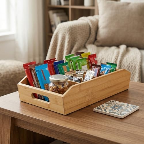 Pumtus 2 Pack Bamboo Pantry Organizers, Storage Bin with Removable Dividers, ...