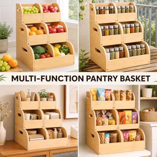 GLEAVI Bamboo Potato and Onion Storage Bin, 3 Tier Slide-Out Vegetable Basket for Kitchen Pantry, Breathable Produce Organizer Stand with Drawers and Divider, Freestanding Fruit Holder