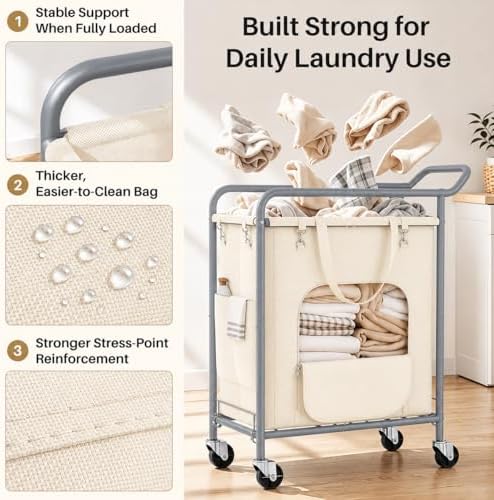 Laundry Basket with Wheels, Rolling Laundry Hamper with 38.4" Tall Handl...
