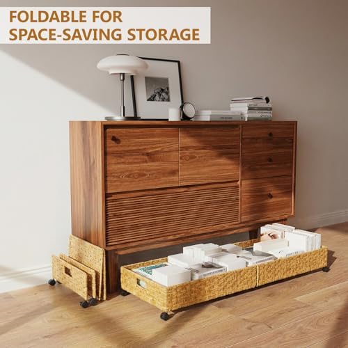 Under Bed Storage Containers with Wheels, 31.5” Large Handwoven Rattan Rollin...
