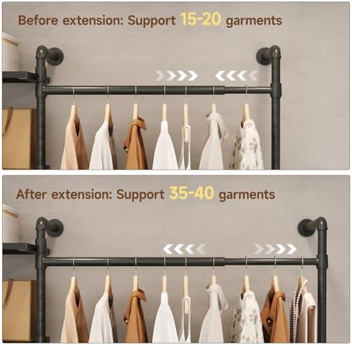 T1 Wall Mounted Closet System, Industrial Pipe Clothing Rack with 6 Wooden Sh...