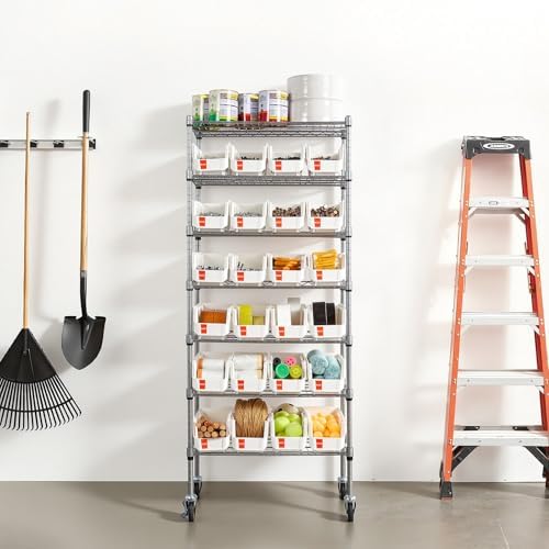 VEVOR 7-Tier Rolling Bin Storage Rack, 24 Small Bins, Bin Rack Storage Steel ...