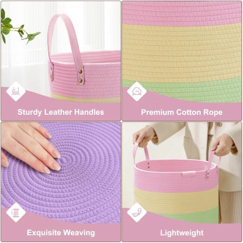 VIPOSCO 72L Tall Woven Rope Laundry Hamper, Leather Handles, Rainbow