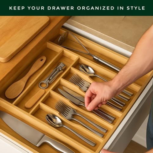 Bamboo Drawer Organizer – Expandable 9 Slot Silverware & Utensil Tray for...