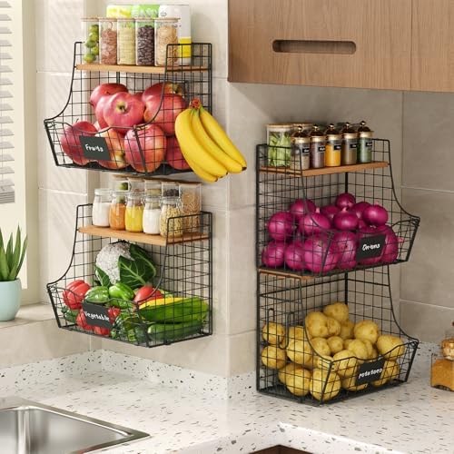 4 Pack Fruit Basket for Kitchen with Lid, Counter&Wall Mounted Hanging Fr...