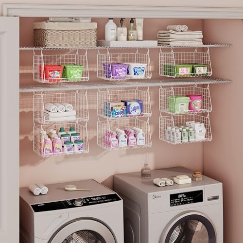 3-Tier Hanging Laundry Basket Organizer：Foldable Wire Shelf Laundry Room Orga...