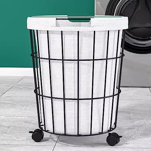 Rolling Laundry Basket, Laundry Basket Shelf Metal Storage Cart with Wheels and White Storage Bags, Laundry Bin, Rolling Hamper Dorm Baskets for Hotel, Home, Closet, Bedroom (Color