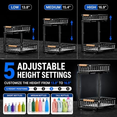 Under Sink Organizer 2 Pack, Double Slide Out Metal Shelf, Black