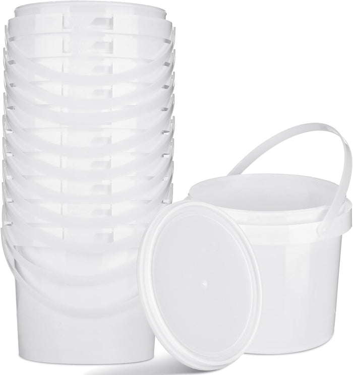 Gerrii 10 Pack White Plastic Bucket with Handle and Lid Food Storage Bucket Containers All Purpose Pail for Multipurpose Paint Water Art Crafts Projects Garage Organization (White,1.5 Quart)