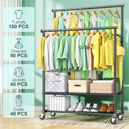 Double Rods Clothes Rack for Hanging Clothes, Heavy Duty Rolling Clothing Rac...