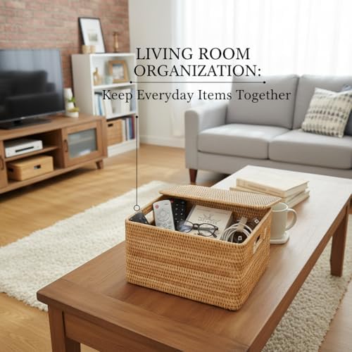 Rattan Storage Basket with Lid – 16.5×12.6×7 inch for Home