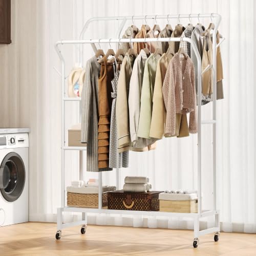 Yoobure Double Rods Clothes Rack - Portable Clothing Rack with Wheels, Rollin...