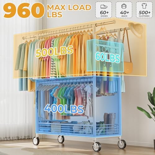 Heavy Duty Clothes Rack Load 960LBS, Three Rods Rolling Clothing Racks for Ha...