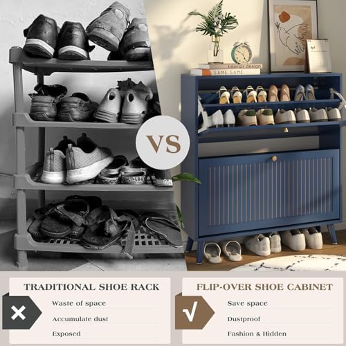 Fsbecl Shoe Storage Cabinet for Entryway with 2 Flip Drawers, Navy Blue