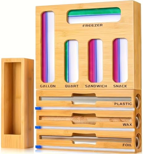 LDQ 9-in-1 Shatterproof Square Bamboo Storage Box - Aluminum Foil Dispensr wi...
