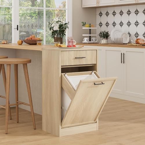 Garvee 10 Gal Single Tilt Out Laundry Hamper Cabinet with Drawer, Natural