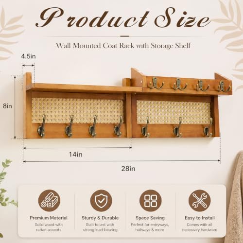 Novabright 29" Coat Rack Wall Mount with Shelf for Entryway, Wooden