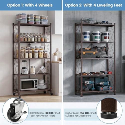 ALANNG 70.7" H Metal Storage Shelves, 5 Tier Folding Shelf on Wheels