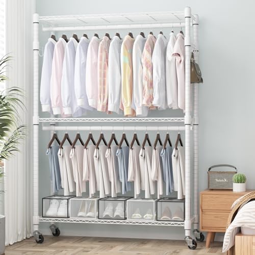 Homdox 3 Tier Heavy Duty Garment Rack with Wheels, Adjustable Wire Clothes Ra...