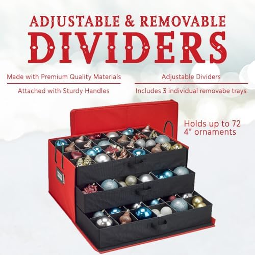 HOLDN’ STORAGE Christmas Ornament Storage Box with Dividers, Holds Up to 72 O...