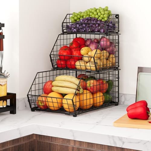 3-Tier Fruit Basket for Kitchen Counter, Stackable Wire Baskets Wall, Potato ...