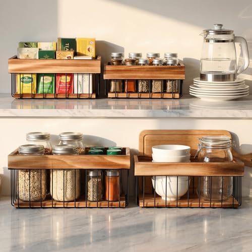 4 Pack Metal Wire Storage Basket, Multiple Sizes Basket with Handles Wooden T...
