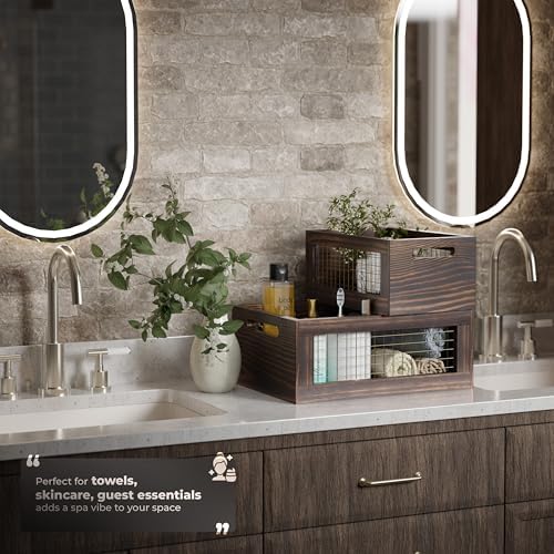 Set of 3 Extra Large Wooden Nesting Countertop Baskets, Rustic Wood Storage O...