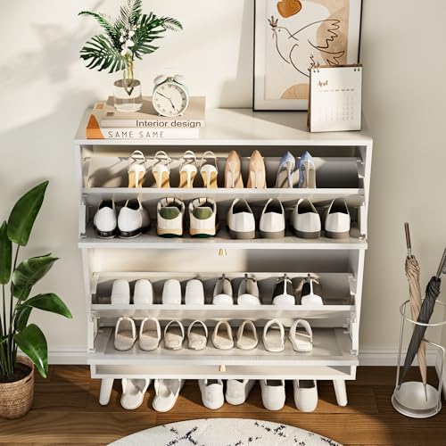 Fsbecl Shoe Storage Cabinet for Entryway with 2 Fluted Flip Drawers, White