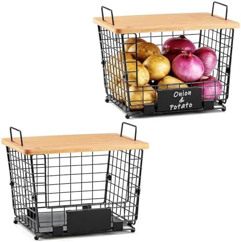 2 Set Large Stackable Wire Basket with Bamboo Tops & Tag- Pantry Organize...