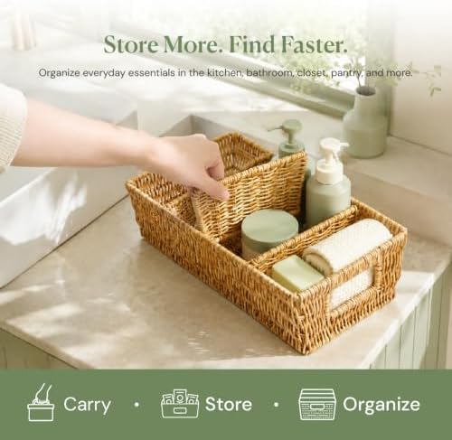 2PCS Rattan Pantry Organizer Baskets with Removable Dividers