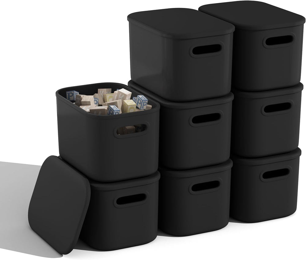 8 Pack Black Storage Bins with Lids for Shelves, Plastic Storage Containers w...