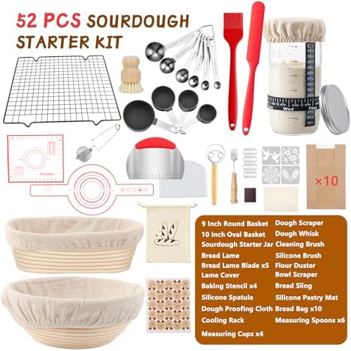 52 Pcs Sourdough Starter Kit with 9" Round & 10" Oval Bread Pro...