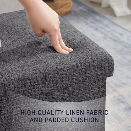 Ornavo Home 30 Inch Folding Storage Ottoman Bench, Tufted Linen, Dark Gray