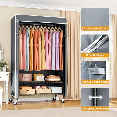 ULIFHOME P6C Rolling Clothes Rack with Cover, 3-Tier Covered Clothing Rack