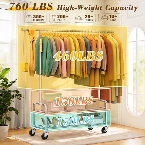 Upgraded 100% Stainless Steel Heavy Duty Clothes Rack with Shelves Loads 760 ...