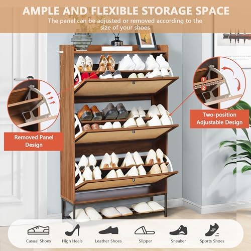 LEVNARY Shoe Cabinet for Entryway, Slim Shoe Cabinet with 3 Flip Drawers Narr...