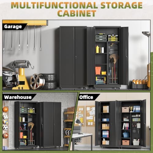 71''H Metal Garage Storage Cabinet with Wheels, Broom Cabinet with Lock
