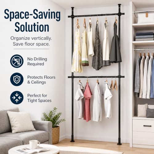 2 Tier Floor to Ceiling Clothes Rack, Clothes Storage Hanger