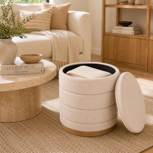 Linen Storage Ottoman Round Footrest with Hidden Storage, Biege 16" L X1...