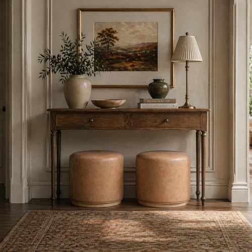 Spatial Order 22" Round Ottoman with Wooden Base - Sand Faux Leather