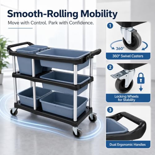 3 Tier Utility Cart Heavy Duty 330lbs Capacity Rolling Service Cart Utility C...