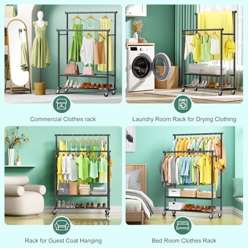 Double Rods Clothes Rack for Hanging Clothes, Heavy Duty Rolling Clothing Rac...