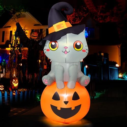 GOOSH 6 FT Halloween Inflatables Cat Outdoor Decorations Blow Up Yard Cute Wi...