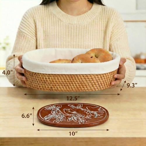 YANGQIHOME Bread Warmer Basket with Stone, Tortilla Warmer, Rattan Bread Bask...